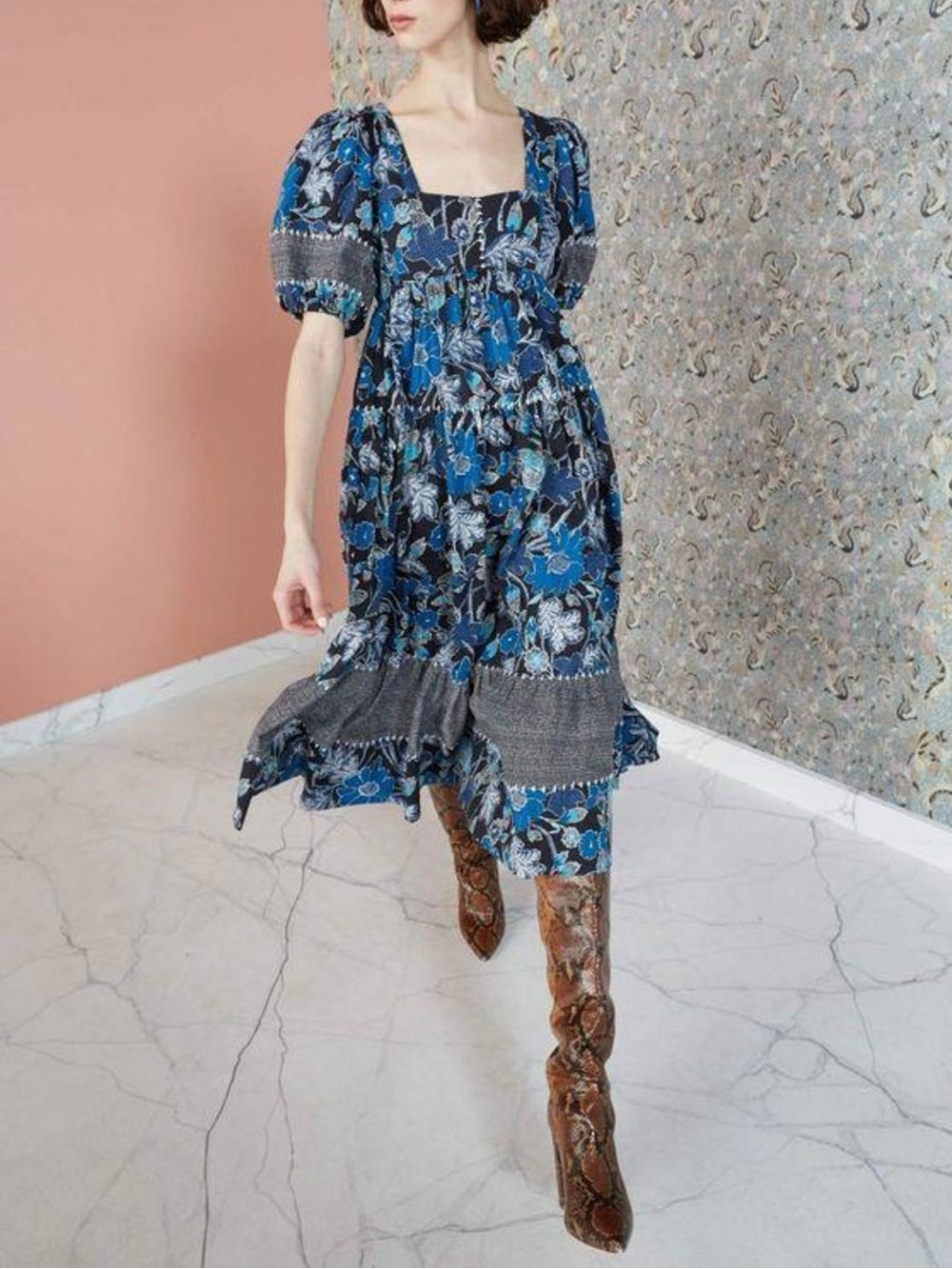 Ulla Johnson Nora Blue Lapis Floral Print Square Neck Puff Sleeve Midi Dress NWT